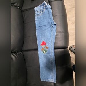 PacSun Blue Jeans with Red Mushroom Embroidery